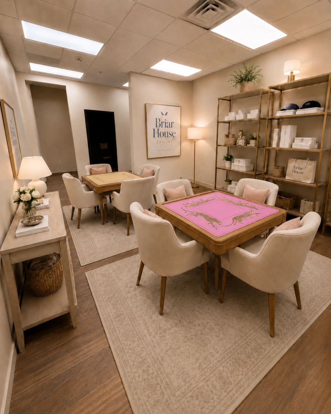 Mahjong tables and comfortable chairs ready for a lesson